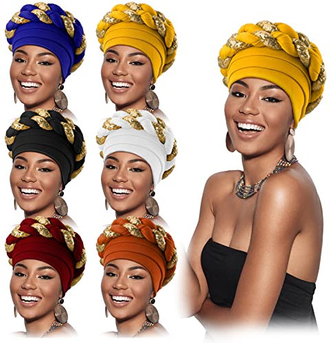 Jeyiour Afrikanischer Turban-Kopfwickel für schwarze Frauen, Pailletten-Zopf, Beanie-Mütze, dehnbar, gedreht, afrikanische Mütze, Kopftuch, 6 Stück, Mehrfarbig, Einheitsgröße