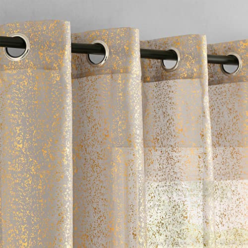 TERLYTEX Durchsichtige Ösen Gardinen, 240 cm lang, metallische Goldfolie, glitzernde, durchsichtige Vorhänge, 2 Paneele-Set für Wohnzimmer, Privatsphäre, Fenster, schimmernd, durchscheinende