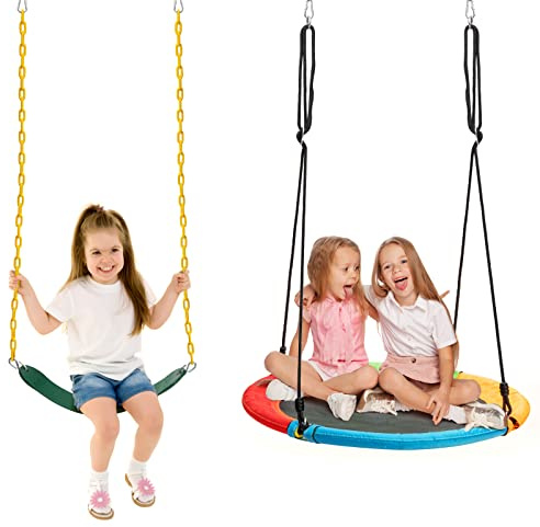 KOMFOTTEU 2er-Set Schaukel mit Nestschaukel & Schaukelsitz, Rundschaukel mit 90-160 cm verstellbarem Seil, Tellerschaukel aus Eva, 2 Kinderschaukeln (Jede) bis 150kg belastbar für Garten Balkon