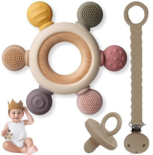 cometrade Beißring für Babys aus LFGB-Silikon & Holzring – Inkl. Silikonschnuller & Clip – Beruhigt Zahnfleischschmerzen bei Neugeborenen & Babys ab 3 Monaten – Beige, 6-Struktur-Oberfläche