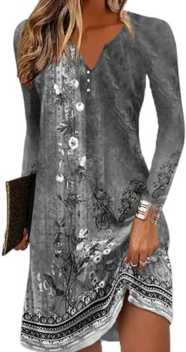 Yeenily Robe Décontractée à Manches Longues Femme Col Rond Bohème Fleurie MiniRobe Robe Imprimé Lâche Tunique Robe(Gris foncé,L)