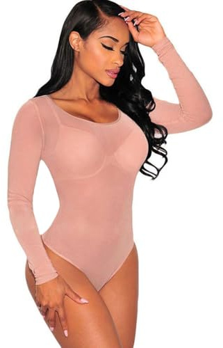 BKEPDY Body de Manga Larga para Mujer Sexy Malla Slim Fit Elástico Bodysuit Transparente Cuello Redondo Leotardo Tops Club Party Jumpsuit