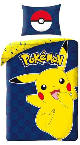 Halantex Wendebettwäsche Pokemon, 100 % Baumwolle, Bettbezug Pikachu, 140 x 200 cm + Kissenbezug 65 x 65 cm, Blau