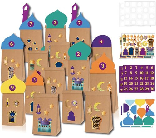 Ramadan-Geschenktüten mit Aufklebern und vorgestanzten Teilen,30 bunte Geschenkschachteln zum Basteln,Ramadan Kalender & Zahlenaufkleber, Eid Mubarak, wiederverwendbar
