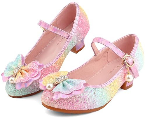 KUWIBY Girl Sandals Glitter Princess Shoes Sequin Party Shoes Bling Bowknot High Heels Wedding Birthday Dress Comfort Bright Diamond Cosplay Dance for Little Girls Christmas Rainbow Pink