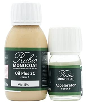 Rubio Monocoat Oil Plus 2C Wood Finish, 5 m² - Mist 5% | Quick-Dry, Eco-Friendly Linseed Formula for Indoor Surfaces | Includes Accelerator (Part B) | Protector | 130 ML