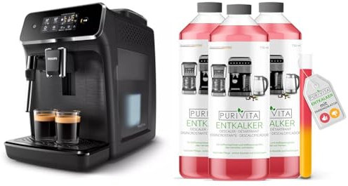 Philips Series 2200 Kaffeevollautomat – Klassischer Milchaufschäumer & Purivita - Universal Entkalker 750 ml für Kaffeevollautomaten - Für alle bekannten Marken geeignet, 3 Flaschen