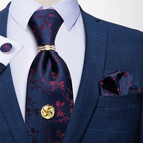 Modische Krawatten für Herren, blau, rot, Blumenmuster, Krawatten-Set, Einstecktuch, Manschettenknöpfe, Krawattenring, Krawattennadel, Geschenk für Männer, Hochzeitskrawatte (Farbe: A, Größe: 150 cm x