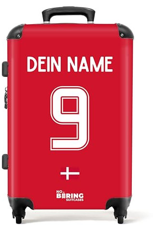 NoBoringSuitcases.com Reisekoffer Personalisiert, Koffer Groß, Hartschalenkoffer, TSA Schloss, Reisekoffer mit Rollen Groß, Koffer M (EM 2024 - Heimtrikot Dänemark - Rot, 67 cm - 72 L)