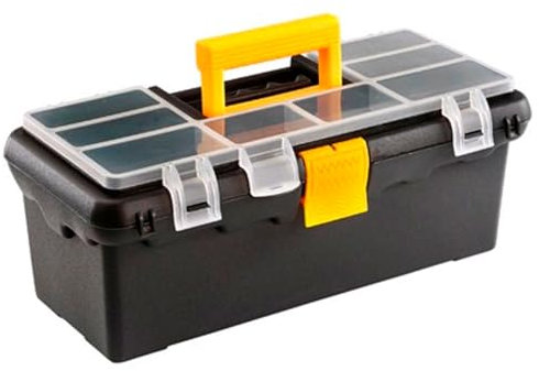 AC - Caja de Herramientas de plástico - Incluye asa y 8 Compartimentos en la Tapa - Organizador, Almacenamiento - Fabricada en España - 38 x 18 x 14,5 cm - Color Aleatorio