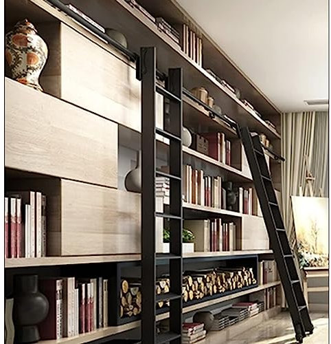 GLFNB Rollbare Schiebeleiter-Hardware mit Leiter – schwarzes Schiebetür-Set, Rollleiter-Hardware-Bibliothek, komplettes Schienenset, mit Bodenrollenrädern, Farbe: 150 cm L