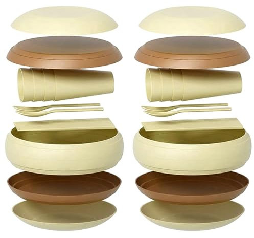 Ronlok Juego de vajilla de camping (34 piezas), juego de cubiertos portátil reutilizable de plástico, y vaso esenciales para exteriores