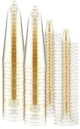 Tefrine 25 Pcs Clear Plastic Champagne Glasses with Gold Powder, Eco Friendly Thick Material, Ideal for Parties, Martinis, and Cocktails