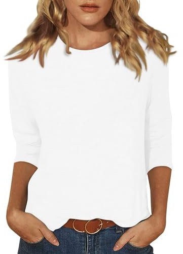 Tops for Women UK Womens Lightweight Solid Color Tops 3/4 Sleeve Casual Gym Fashion Daily T-Shirts Ladies Summer Round Neck Blouses 01-White S