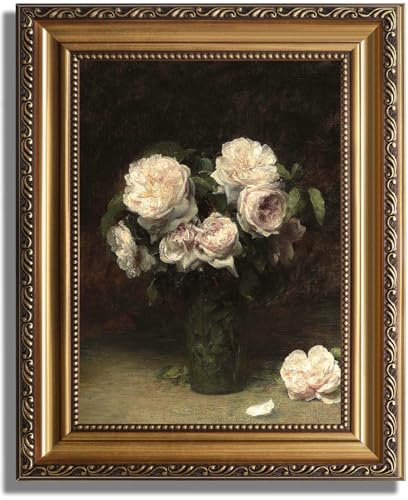 ASTRDECOR Vintage Floral Wall Art, Gold Framed Canvas Wall Art Moody Dark Roses Painting, Vintage Flower Art Print for Kitchen Bedroom Bathroom Wall Decor, French Country Decor - 9 x 12
