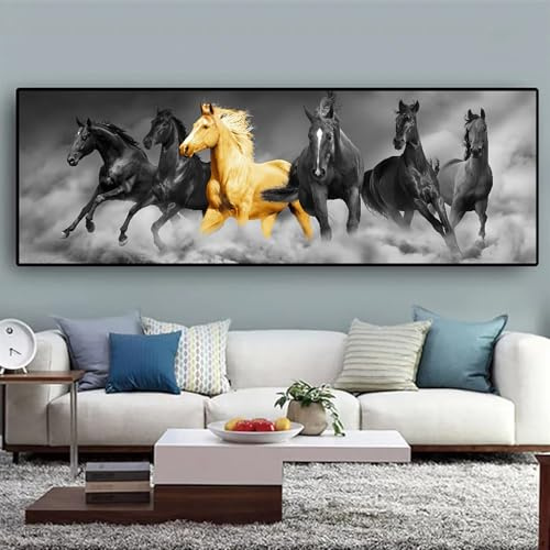 UGZDEA Pferdemuster Leinwand Poster, Sieben laufende Schwarz und Gold Pferdemuster Tiere Leinwand Malerei, Wohnzimmer Schlafzimmer Deko Bild-Ohne Rahmen (Pferd, 40x120cm)