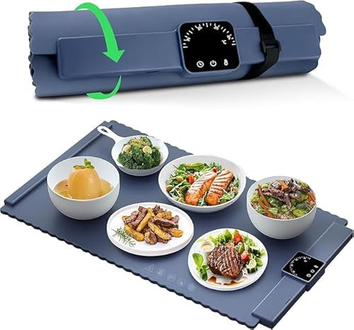 Gulza Bandeja Calefactora Eléctrica Placa Calentadora Silicona Portátil Plegable, Alfombrilla Calentadora de Silicona para Alimentos con Temperatura Ajustable para Bufés, Familia, Fiestas(azul)