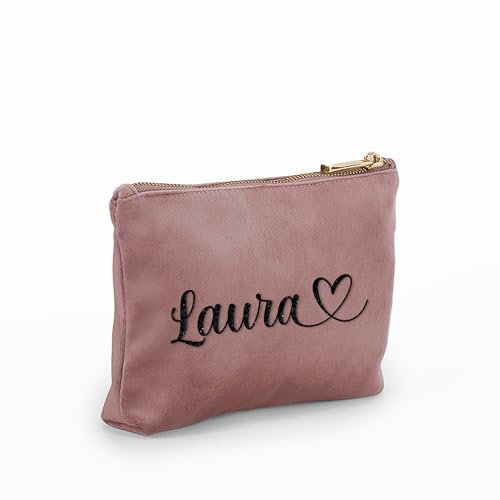 Caribu design Pochette in Velluto Personalizzata con Nome Iniziali Testo - Borsa per Trucchi, Cosmetica, da Viaggio, con Cerniera - Idea Regalo Personalizzata per Lei Donna (Rosa quarzo, Piccola)