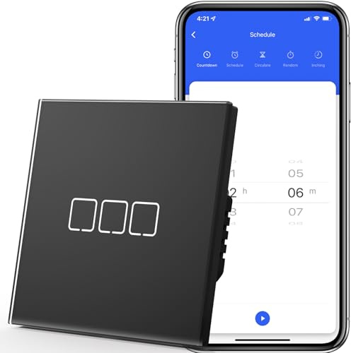 MVAVA Interruptor Tactil Inteligente,WIFI Interruptores de Luz Con Cristal,Compatible con Alexa/Tuya/Smart Life,Requiere Cable Neutro,3 Gang 1 Vía,86mm Negro