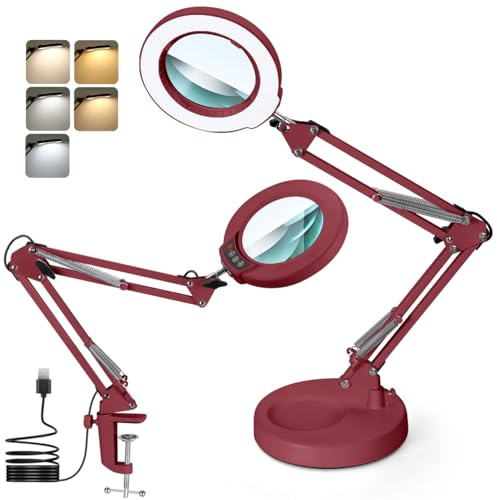 MagnieOpti 12X Lupe mit Licht und Ständer, Echter Glaslinse 2-in-1 Lupenlampe und Klemme, LED Beleuchtete Lupe mit Stufenlosem Dimmen, Hände Frei Leselupe für Senioren, Lesen, Basteln, Nähen - Rot