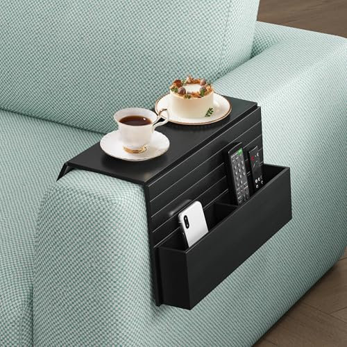 Funkup Sofatablett Armlehne mit Getränkehalter & Fächern, Faltbar Holz Couch Tablett Sofa Ablage, Praktische Couch Ablage für Sofa Armlehne, Schwarz