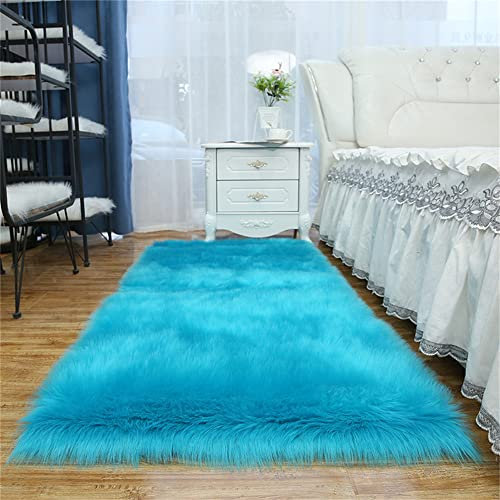 Flauschiger Kunstfell Schaffell Teppich für Schlafzimmer Dekoration Weicher Hochflor Teppich Waschbar rutschfest Kunstfell Schaffell Teppich für Schlafzimmer Dekor (Dunkelblau, 60 x 120 cm)