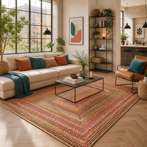 Juteteppich Bunt Handgefertigt Naturfaser Boho Teppich Salsa Wohnraum