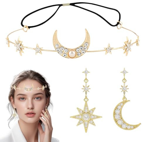 Boho-Mond-Stirnband Damen, Sonne Sterne Haarreif Gold, Haarreif Mond für Festival & Party, Schmuck Set mit Ohrringe Damen – Geschenk für Frauen & Mädchen M