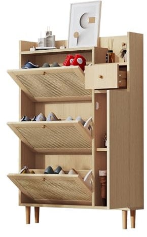 BTM Schuhschrank, Rattan Holz Schuhkipper mit 3 Klappen & Schublade & Tür & Massivholzbeinen, 90x17x125cm, Natur & Weiß