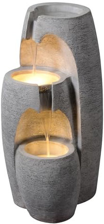Teamson Home Garden Outdoor Water Feature Modern 3-Tier Cascading Urn Water Fountain With LED Lights Grey