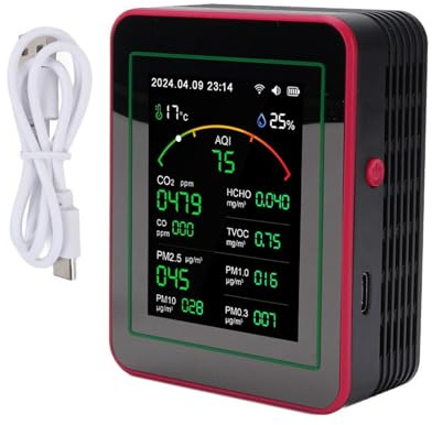 Telituny Monitor di qualità Dell'Aria WiFi, Tester di qualità Dell'Aria Interna per CO2, TVOC, HCHO, PM0.3-PM10, Temperatura e umidità, Dati in Tempo Reale con App Mobile, Rilevatore di (+rosso)