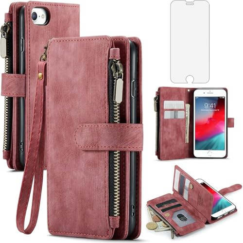 Asuwish Handyhülle für iPhone 6 Plus/6s Plus Hülle mit Folie Schutzfolie Kartenfach Klappbar Leder Geldbörse Ständer i 6Plus 6sPlus S S6 + 6+ 6s+ Handy Hüllen Schutzhülle Handyhüllen Phone Case Rot