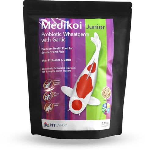NT Labs Medikoi Probiotic Wheatgerm Garlic Fish Food Junior 3mm (1.75kg) | Low protein koi pond feed utilises probiotic bacteria and garlic extracts for cold water winter feeding and digestion.