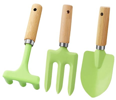 3-teiliges Kinder-Gartenwerkzeug-Set mit Metall- und Holzdesigns für Spaß, Familienzeit im Garten, Pflanzen, Graben, Outdoor-Gartenarbeit, Geschenke für Kinder