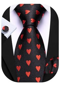 Barry.Wang Men Red Black Ties Silk Love Pattern Necktie Handkerchief Cufflinks Set Wedding Valentine's Day