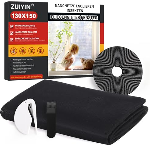 2 Stück Fliegengitter für Fenster Insektenschutz Zuschneidbar 130 x 150cm - Mückenschutz Ohne Bohren mit Klettband - Fliegennetz & Mückennetz für Fenster
