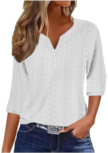 Summer Tops for Women UK - Ladies Blouses Elegant Going Out Eyelet Embroidery Three Quarter Sleeve Tops Hollow Out Casual Business Outfits Tunic Tees Button 3/4 Sleeve V-Neck T-Shirts