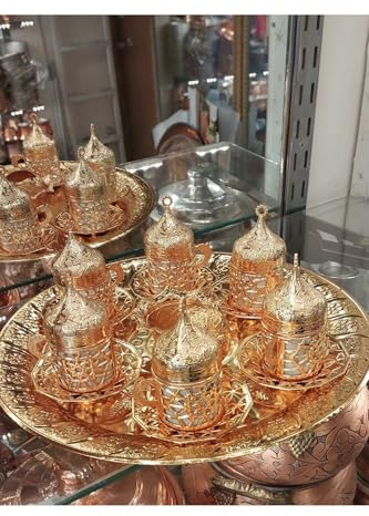 Ensemble de 6 Tasses à Café Turc Dorées et Cuivrées, Motifs Ottomans, Cadeau Fête des Mères - OR