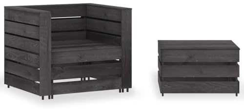 PTUGUOF 2-TLG. Garten Sofagarnitur Kiefernholz Grau imprägniert Lounge Set mit Tisch, modulares Palettenmöbel für Terrasse und Balkon, langlebig und wartungsarm