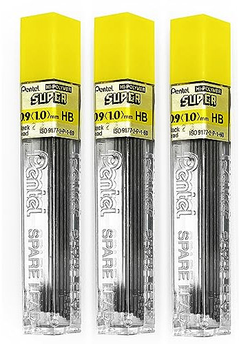Pentel Lot de 3 Tubes de 45 Mines Hi Pollymer Super Pour Porte-mines 0,9 mm Dureté HB