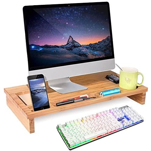 BAKAJI Stand Supporto Monitor Laptop Notebook Bamboo Porta Monitor in bambù con Organizzatore Spazio di Archiviazione per Tavolo Scrivania (60 x 30 x 8,5 cm)