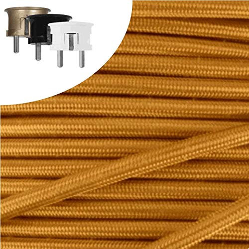 Textilkabel, Stoffkabel, Verlängerung 5 METER Farbe Gold 3 adrig 3 x 0,75 mm² rund wahlweise mit Schukostecker (5 mtr. Schukostecker Rund gold)
