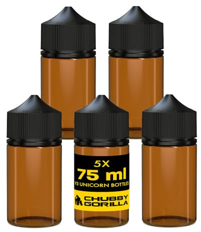 Chubby Gorilla V3 Bouteilles de Licorne en Plastique Pet tronqué de 75 ML pour liquides, huiles et e-liquides - Flacons Compte-Gouttes vides - 5X 75 ML (Bouteille Ambre, avec Bouchon Noir)