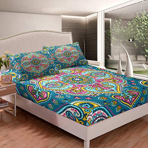 Loussiesd Boho Mandala Spannbettlaken Böhmischer Stil Spannbetttuch 140x200cm Für Kinder Kleinkind Jugendliche Bunte Hippie Mandala Bettlaken Set Exotische Blumen rutschfeste Atmungsaktive 2St
