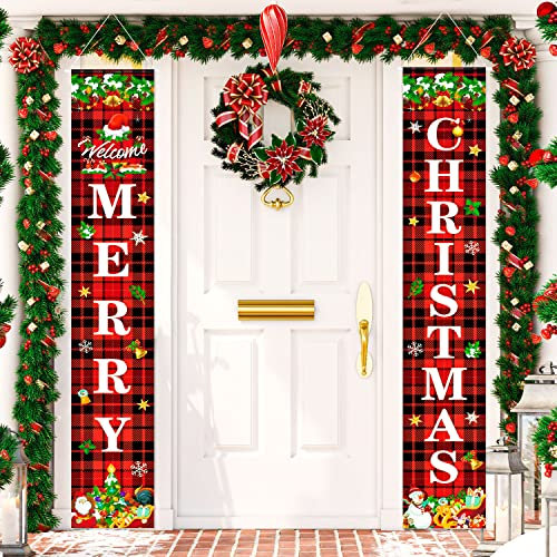 Pancarta de Feliz Navidad, Cartel Rojo Buffalo Plaid Merry Christmas, Colgante para Interior y Exterior, Decoración de Puerta de Entrada y Porche