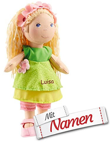 HABA Stoffpuppe Mali mit Namen Bestickt, Erste Baby Puppe zum kuscheln, Weiche Mädchen Kuschelpuppe, Kinder Geschenk-Idee Babypuppe als Taufgeschenk, 30 cm