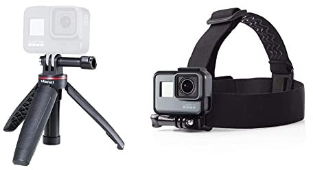 ULANZI MT-09 GoPro Vlog Tripod, Hand Grip and Selfie Stick for Photo & Video & Amazon Basics Head Strap Camera Mount for GoPro