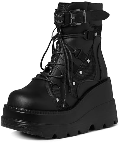 Tscoyuki Botines de plataforma para mujer, botines de tacón alto grueso, góticos, punta redonda, botas de combate para mujer, con cordones, cuñas de motocicleta, 1-negro, 39 EU