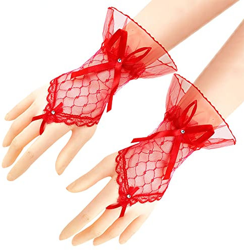 MoreChioce Damen Spitzenhandschuhe, Kurz Fingerlose Brauthandschuhe Elegante Höflichkeit Sommerhandschuhe Handgelenk Vintage Lace Hochzeithandschuhe Handstulpen für Damen Frauen Mädchen,Rot