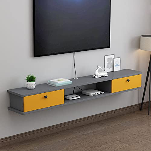 Floating Tv Stand Cabinet,Wire Hole Design Wood Matte Multimedia Storage Shelf with 2 Drawer,for Cable Boxes Routers Remotes DVD Players Game Consoles/Gray / 120cm